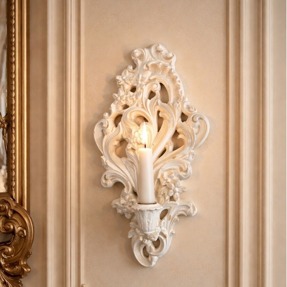 Vintage Rococo Style White Wall Sconceβ Candle Holder Ornate Floral Scroll